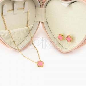 Conjunto de colar e brincos Trevo rosa