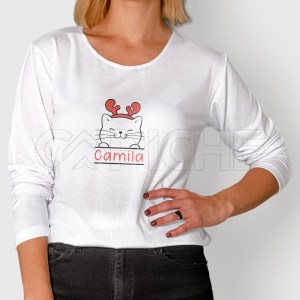 Tshirt Manga Comprida Gatinho Natalício Personalizável