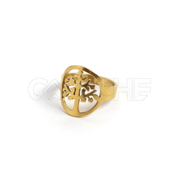 Anel aço dourado arvore