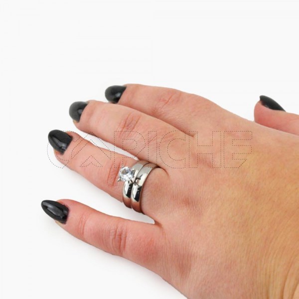Conjunto de aliança e anel solitário prateado
