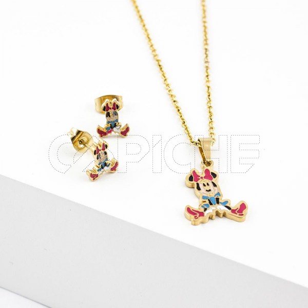 Conjunto colar e brincos aço Mini dourado