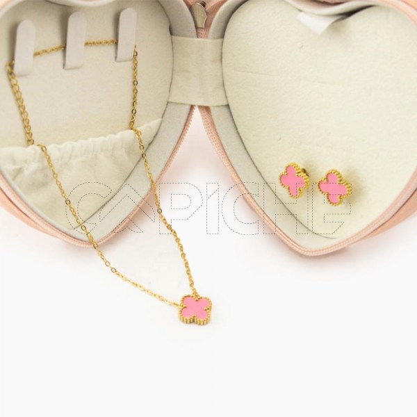 Conjunto de colar e brincos Trevo rosa