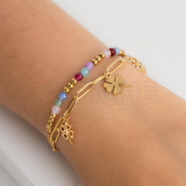 Pulseira em aço Trevo Missanga