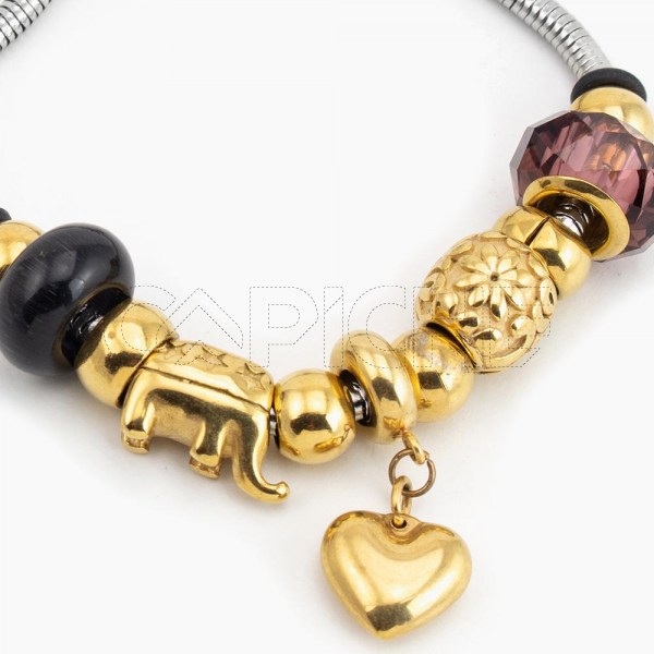 Pulseira em aço de contas coração