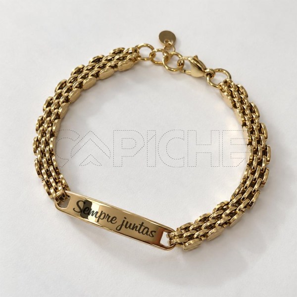 Pulseira em aço Gravação Malha dourada